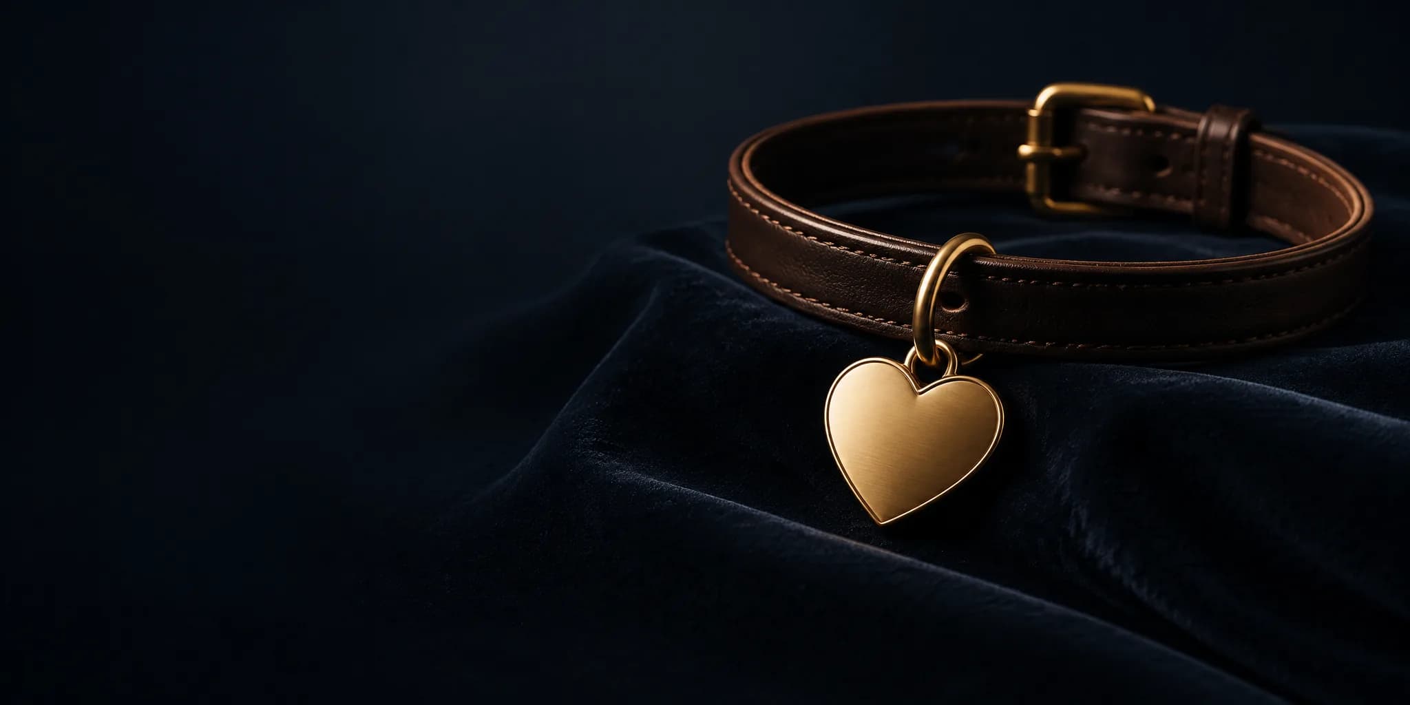Leather collar with a gold heart tag on dark velvet, Veterinaria Timișoara