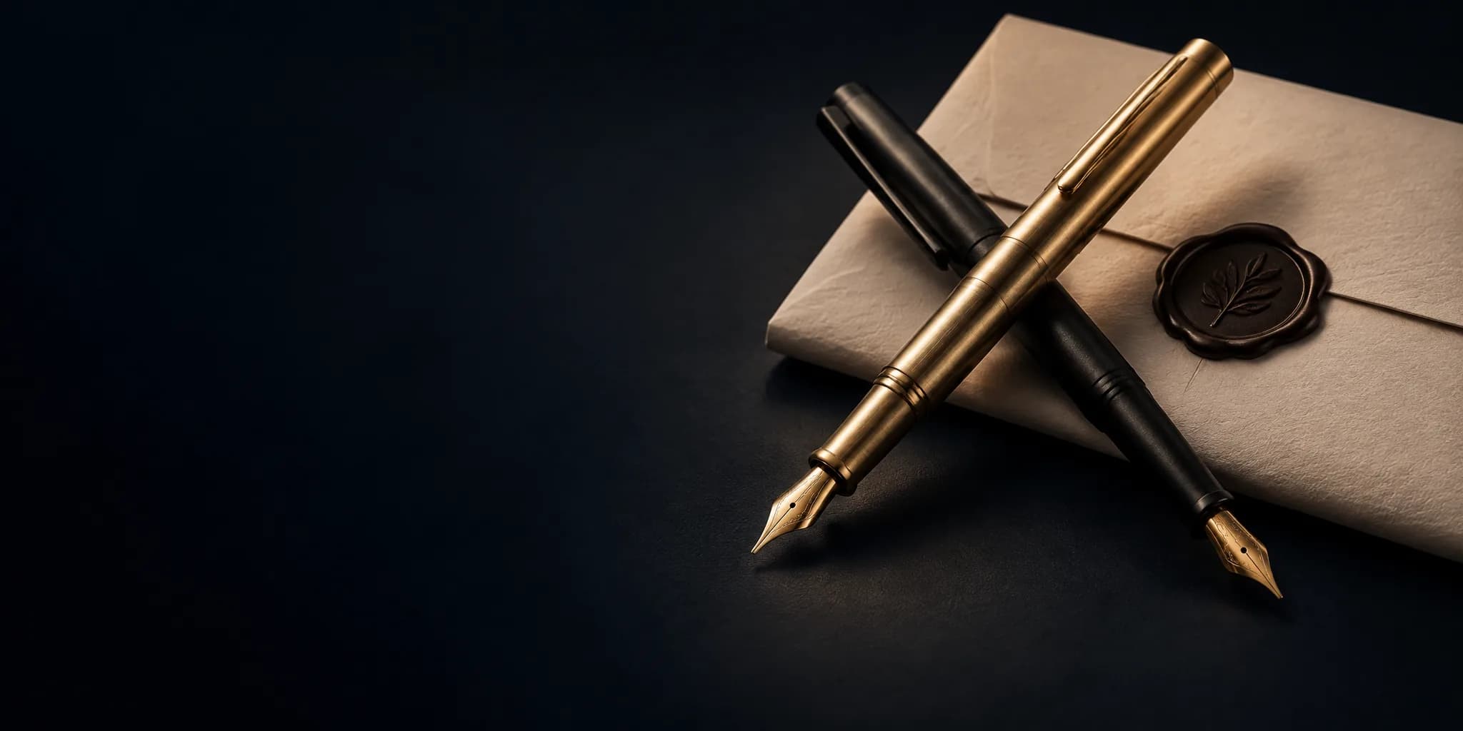 Gold and black fountain pens on a wax-sealed envelope, AGD Innerpath Consulting