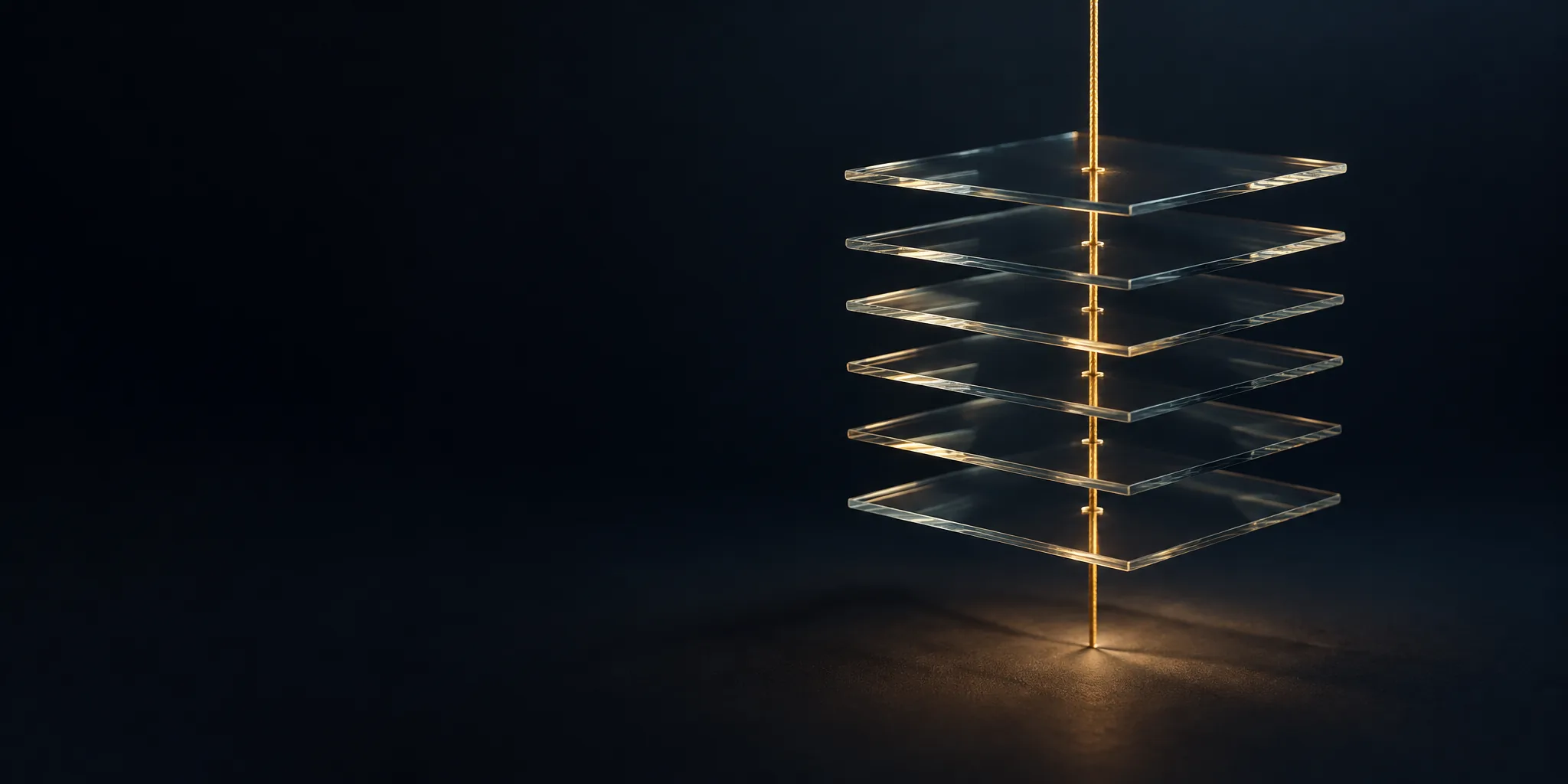 Layered glass panels on a gold axis, DECODEX
