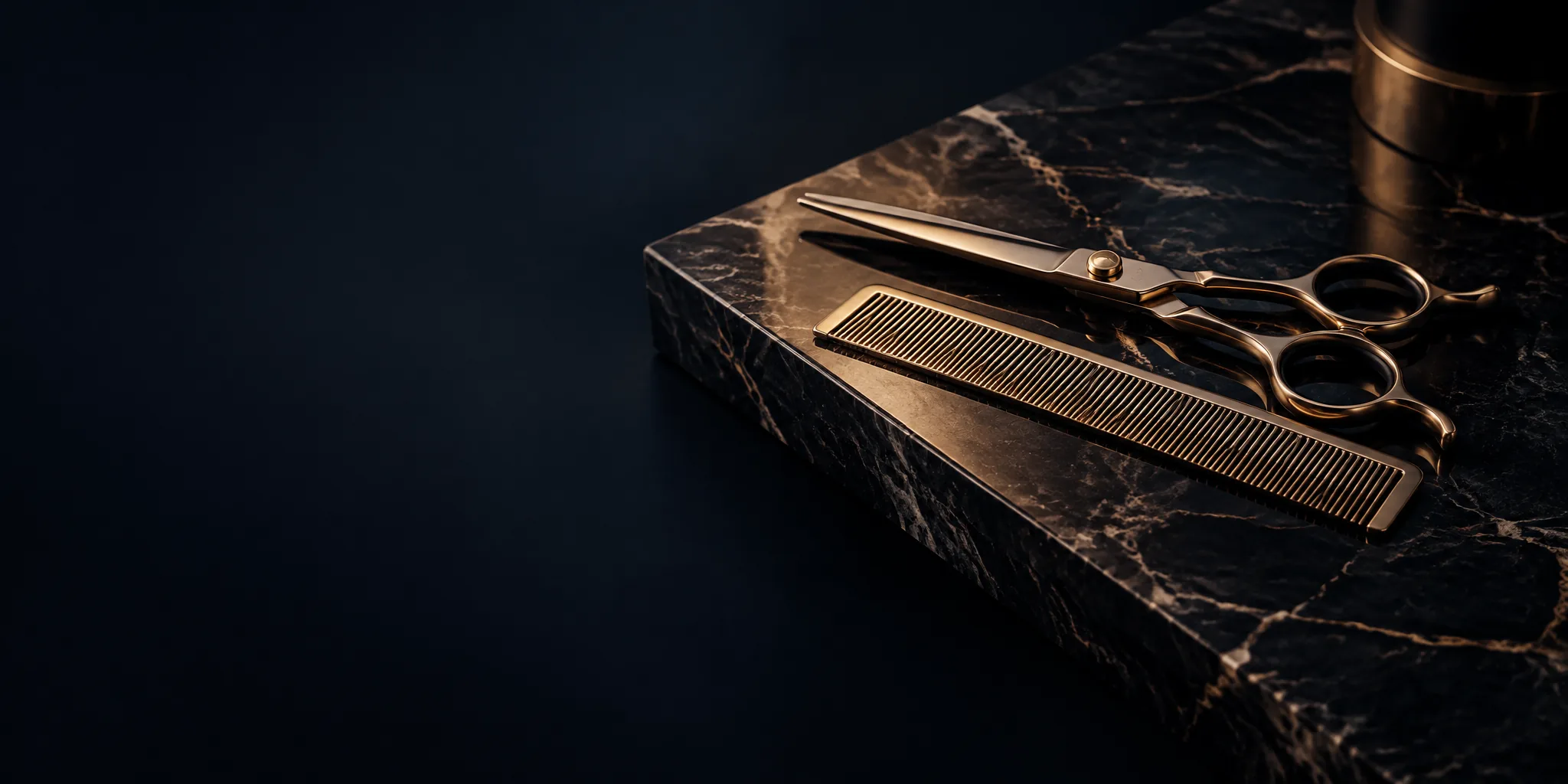 Gold scissors and comb on black marble, ASESOR